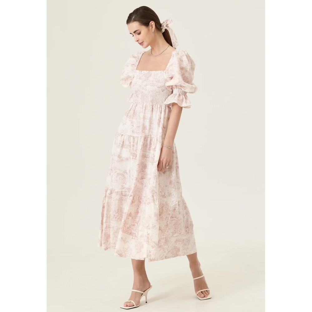 NothingFitsBut Kiko S Pink Toile Midi Dress Smocked Puff Sleeve